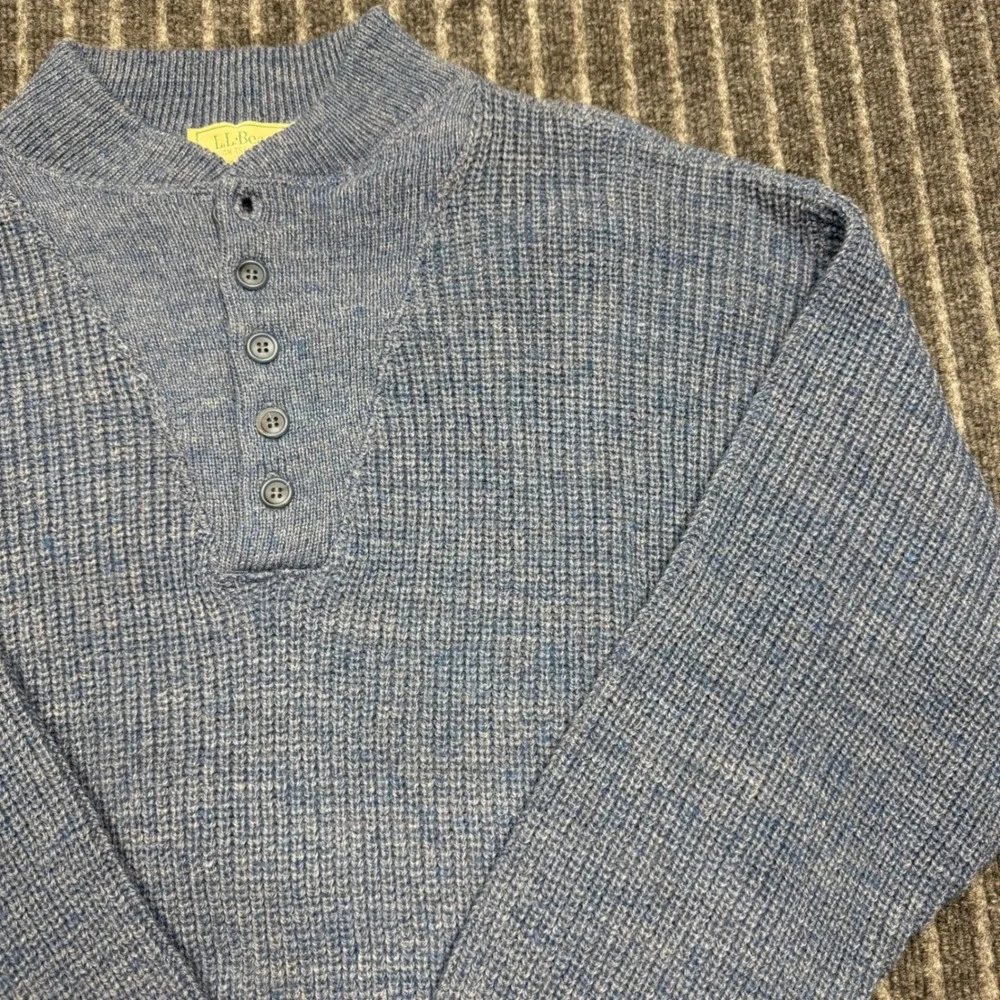 L.L. Bean High Trek Yarn Sweater L Blue NEW Henley Wool Blend Waffle Knit (2180)